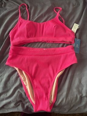 Cupshe Neon Pink Ribbed High-Waist Bikini Set